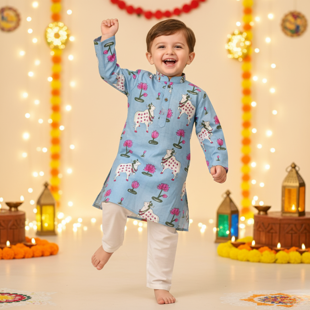 Blue  Pichwai Sibling Twinning Outfits| Pure Cotton