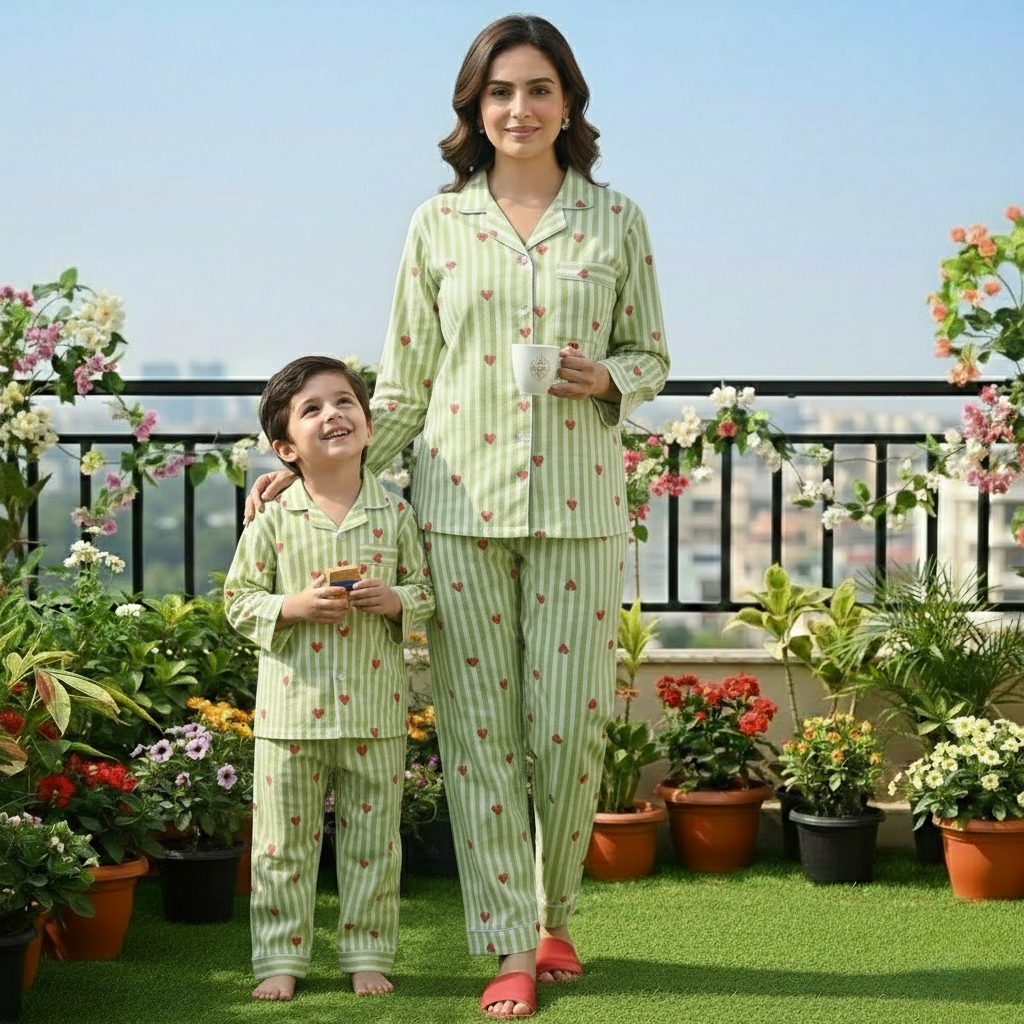 Green Hearts Twinning Nightsuit Set| Pure Cotton