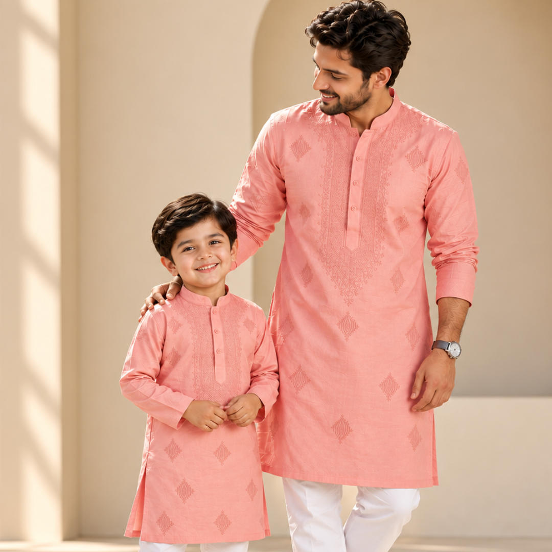 Dusty Rose | Father & Kids Twining Kurta Pajama Set | Lucknow Chikankari | Pure Cotton Silk