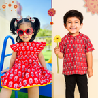 Cotton Red Boota Sibling Twinning Outfits