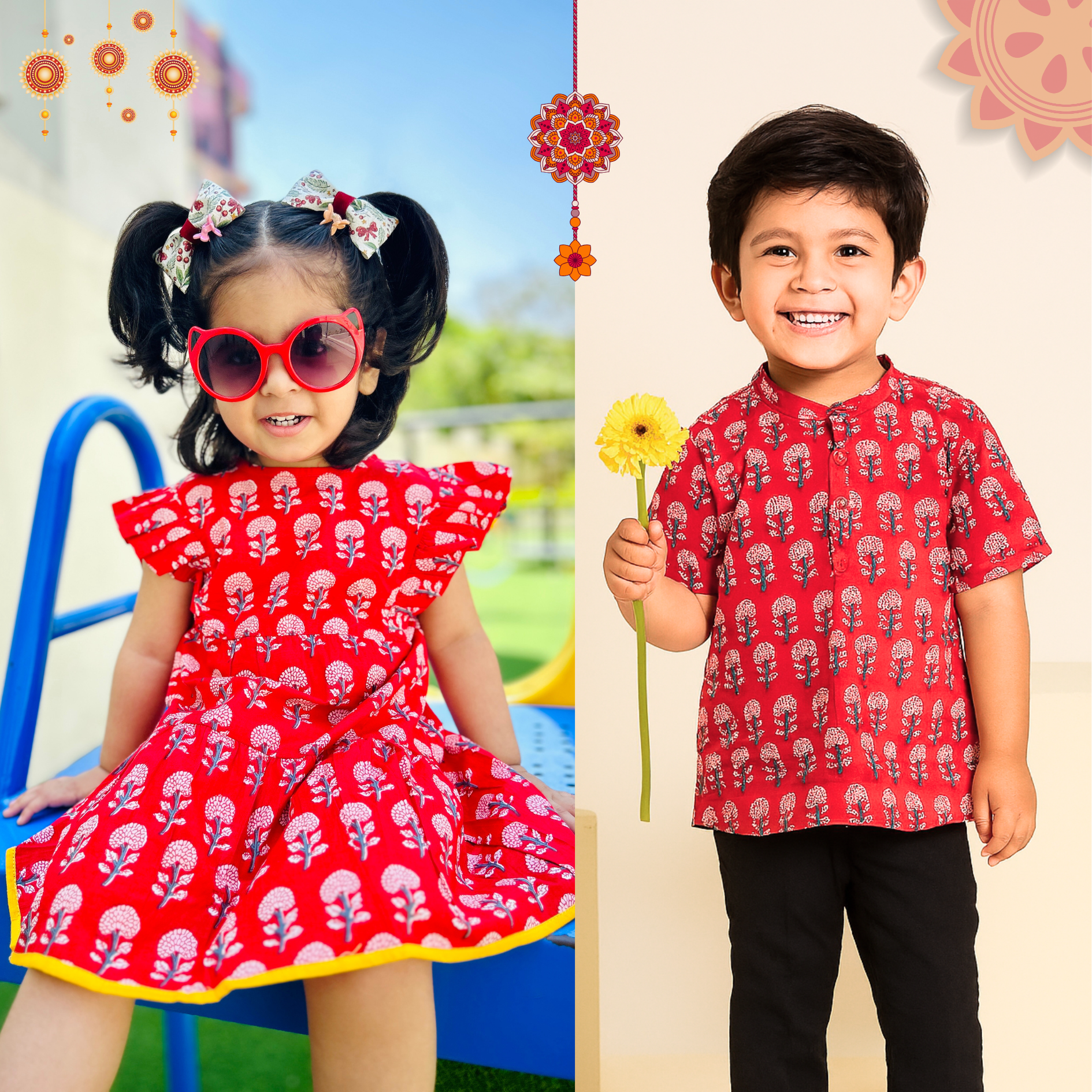 Cotton Red Boota Sibling Twinning Outfits