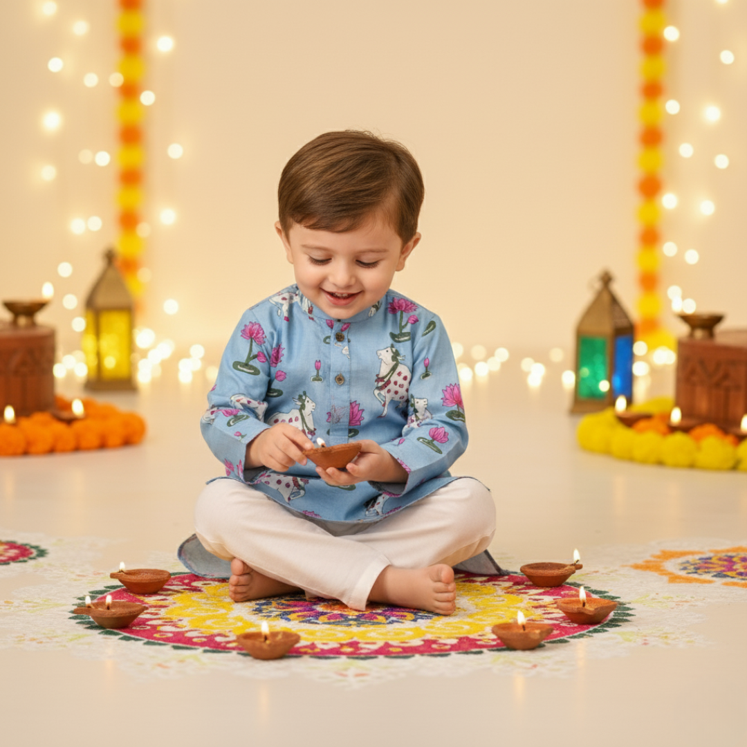 Blue Pichwai Kurta Pajama Set | Pure Cotton