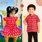 Cotton Red Boota Sibling Twinning Outfits
