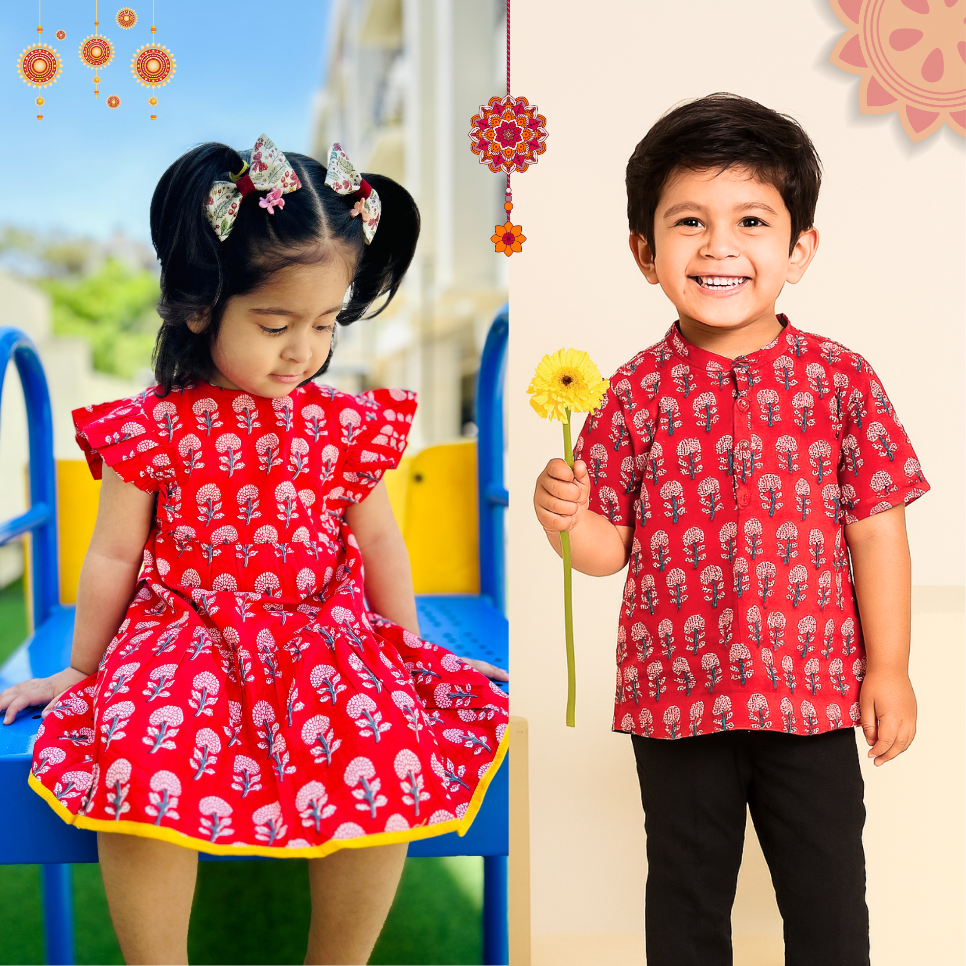 Cotton Red Boota Sibling Twinning Outfits