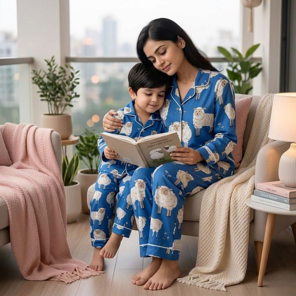 Baa Baa Blue Sheep Twinning Nightsuit Set| Pure Cotton