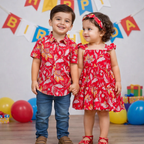 Red floral firework Sibling Twinning Outfits | Pure cotton