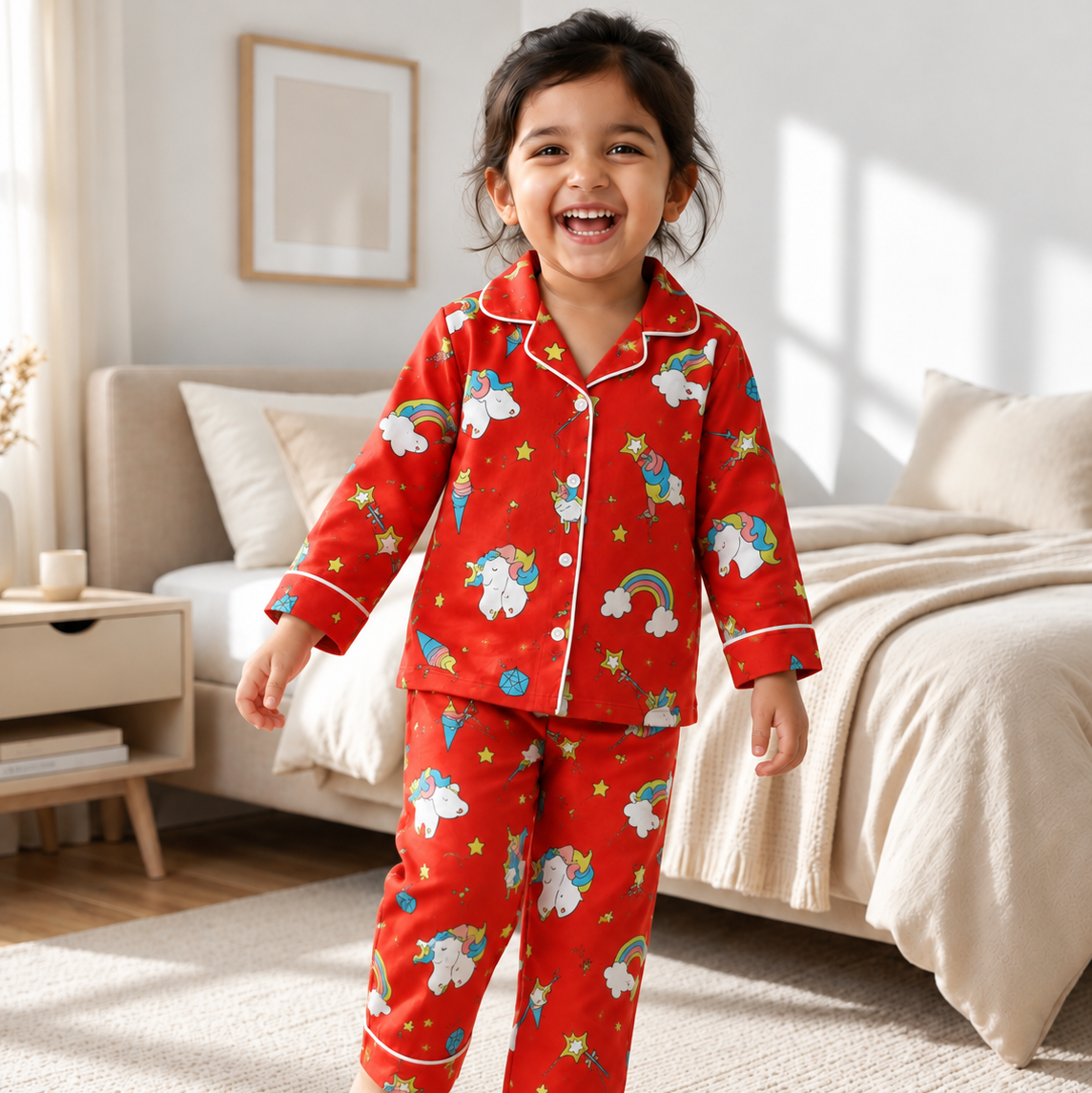 Magical Unicorn Dreams | Red | Kids Night suit Set |Pure Cotton