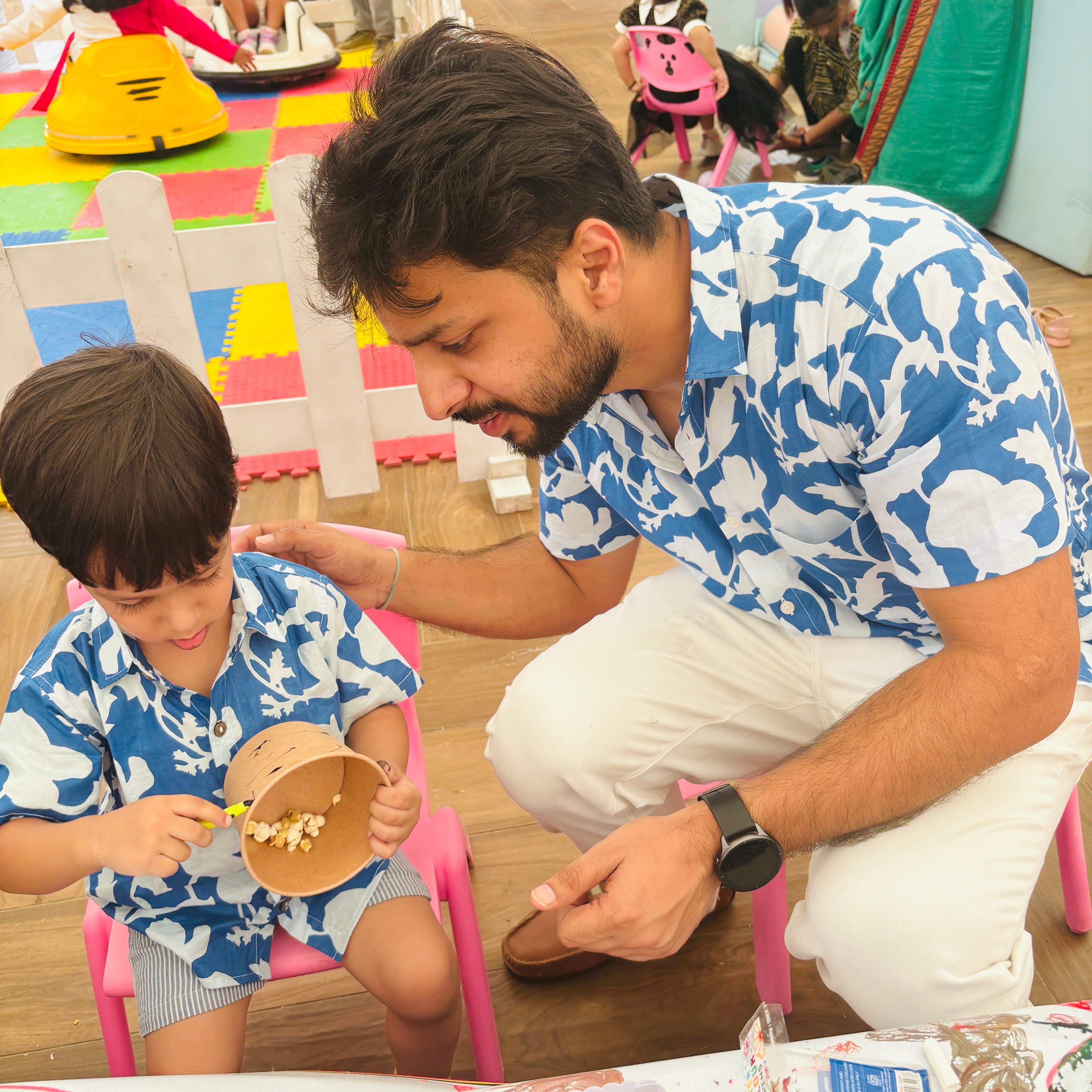 Cotton Flower Power Blue Twinning Shirts for Father & Son: Match in Style!