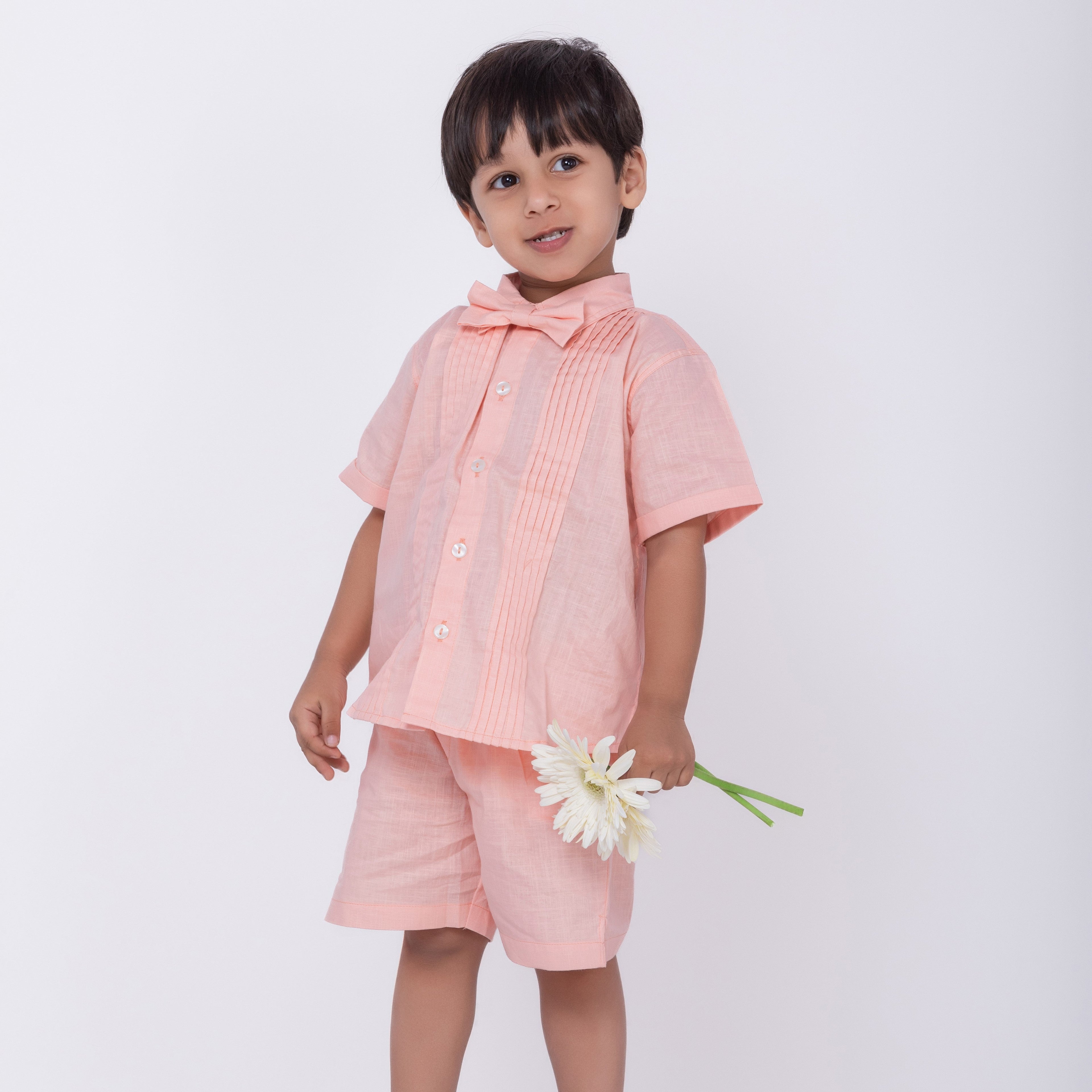 Blushing Peach Linen Co-Ords Set for Boys with Bow-Tie