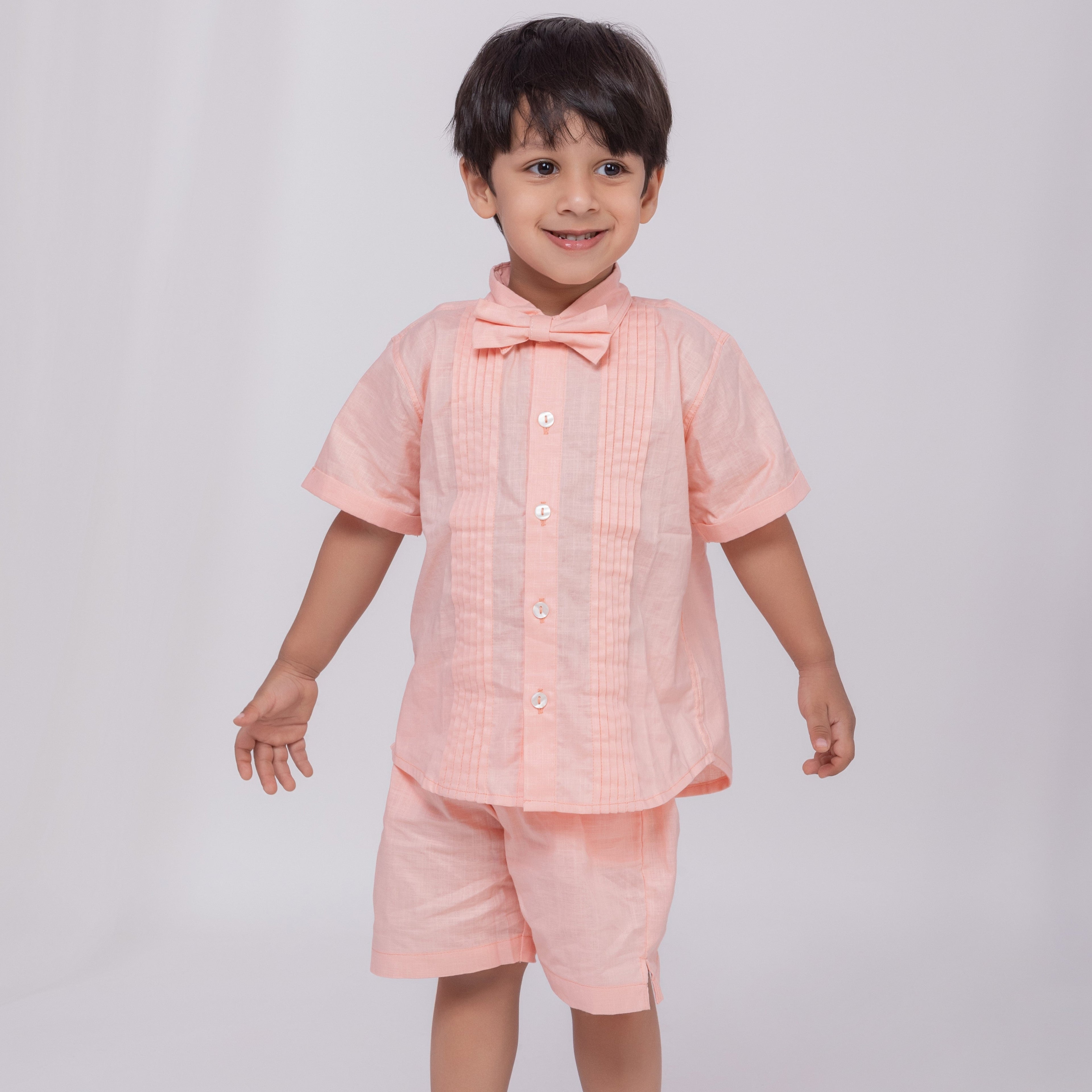 Blushing Peach Linen Co-Ords Set for Boys with Bow-Tie
