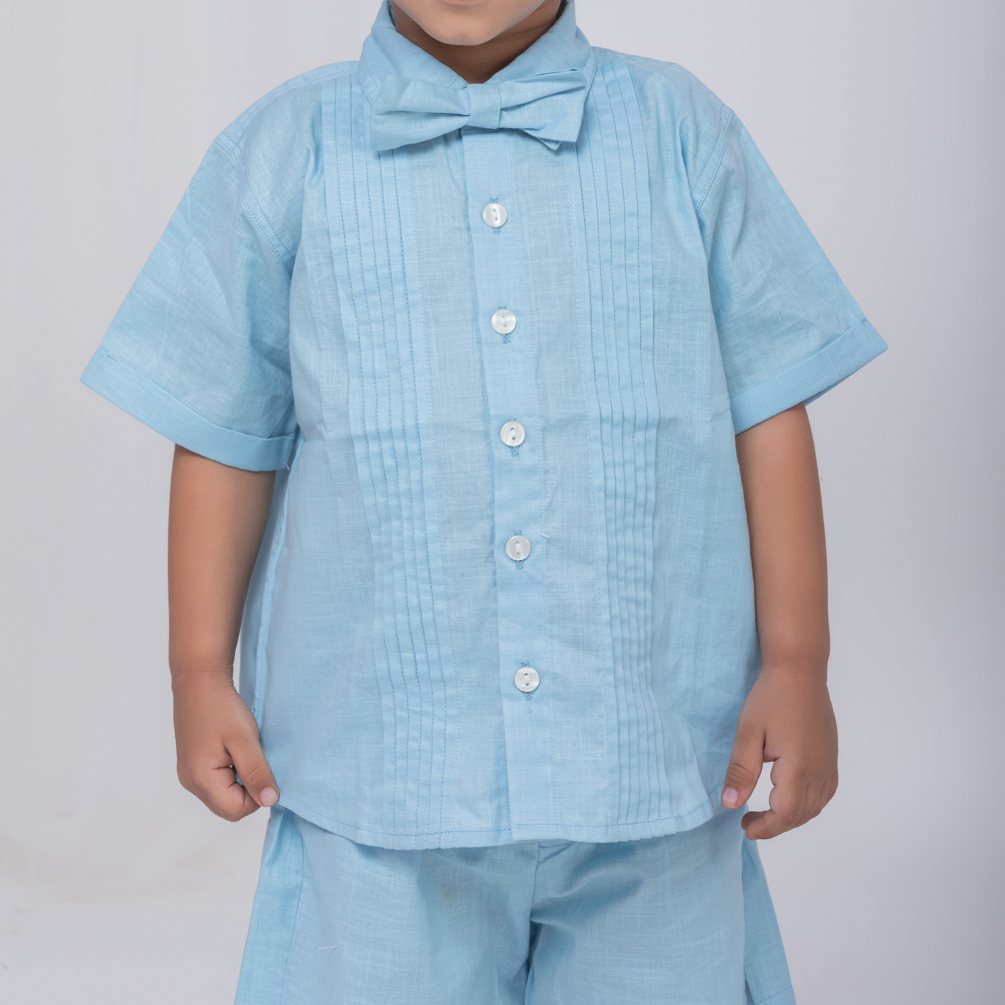 Tiffany Blue Linen Co-Ords Set for Boys with Bow-Tie