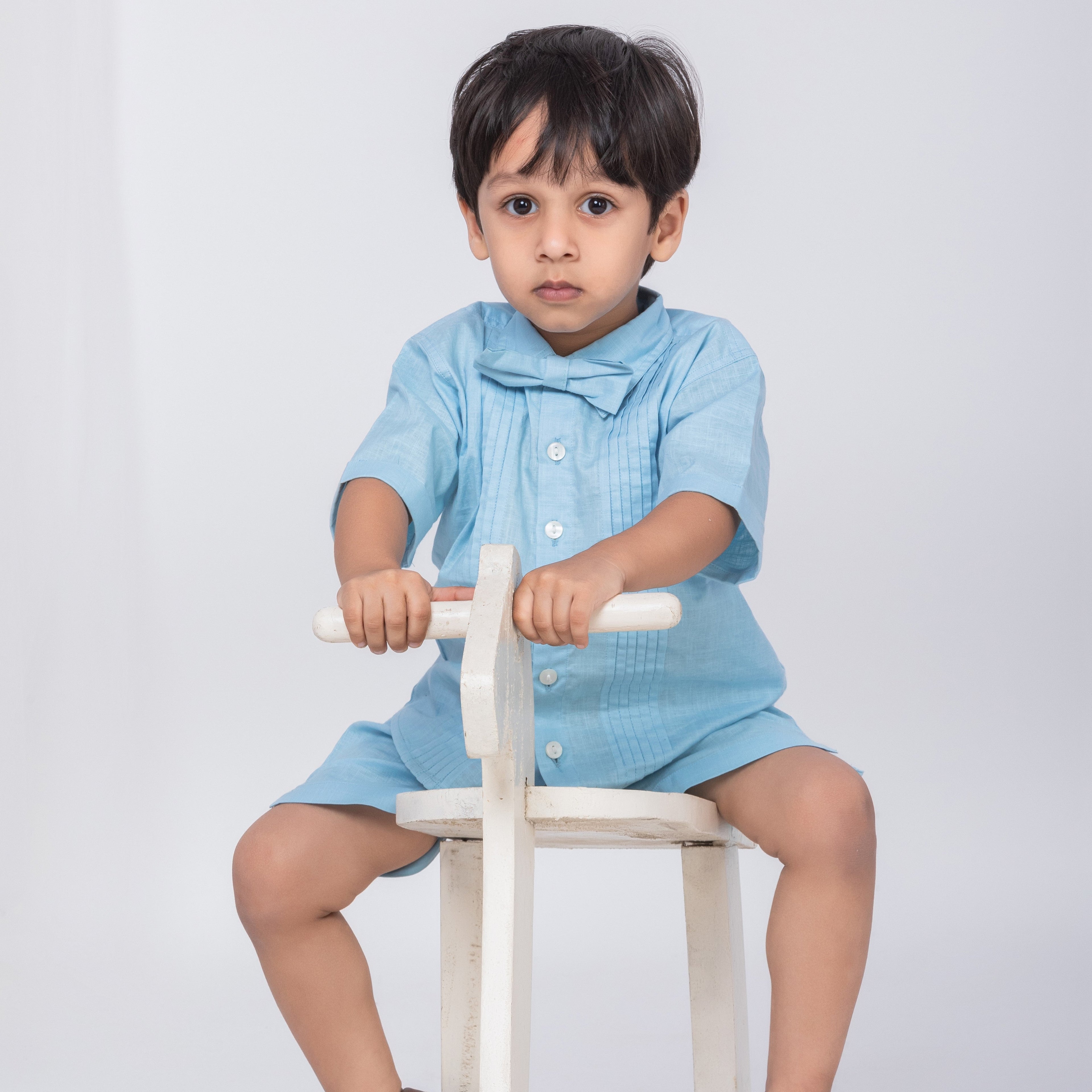 Tiffany Blue Linen Co-Ords Set for Boys with Bow-Tie