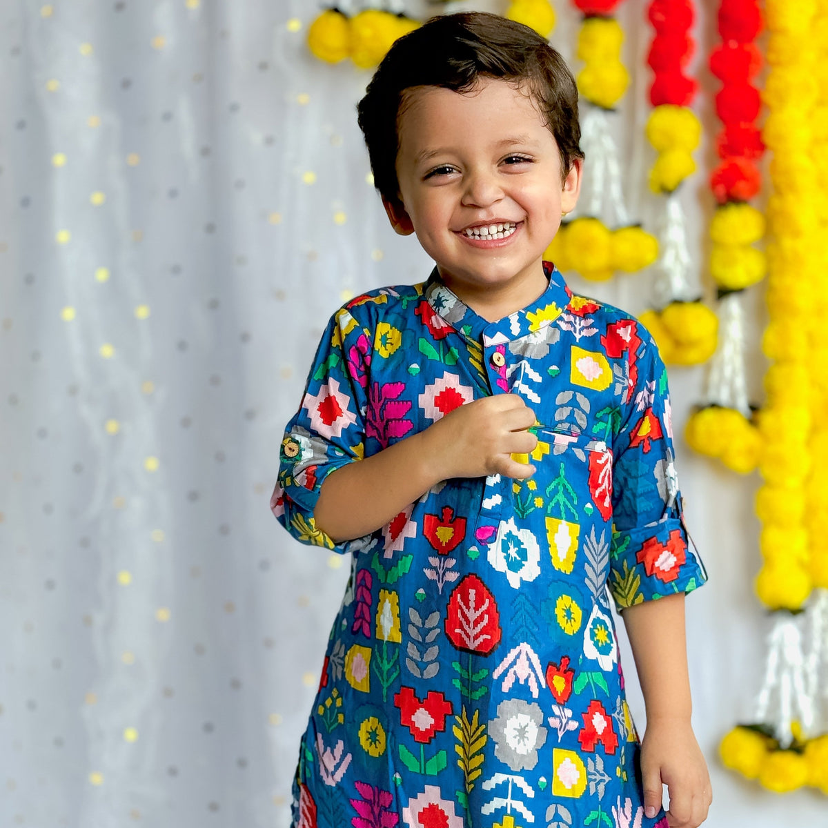 Comfortable Father & Kids Twining Kurta Pajama Set | Blue Patola | Pure Cotton