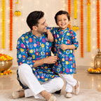 Comfortable Father & Kids Twining Kurta Pajama Set | Blue Patola | Pure Cotton
