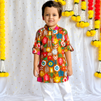 Comfortable Father & Kids Twining Kurta Pajama Set | Mustard Patola | Pure Cotton