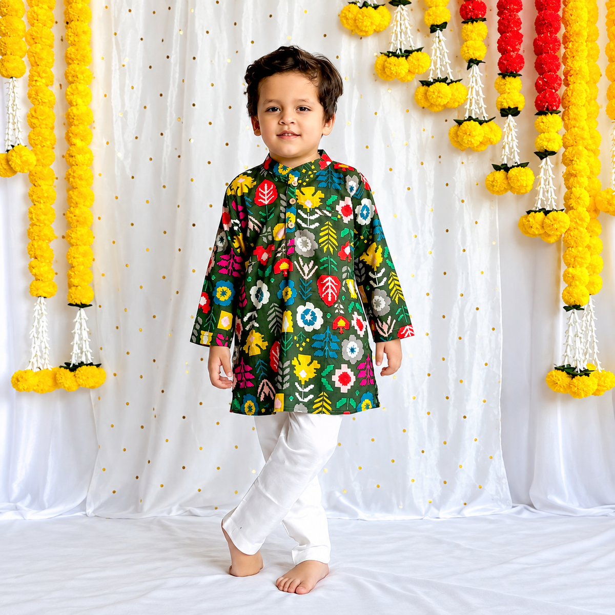 Comfortable Father & Kids Twining Kurta Pajama Set | Green Patola | Pure Cotton