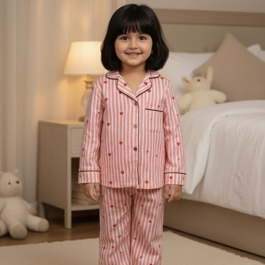 Pink Hearts | Kids Night suit Set |Pure Cotton
