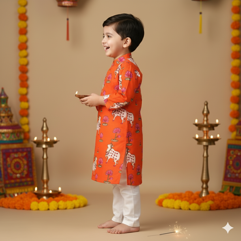 Orange Pichwai Kurta Pajama Set for Boys| Pure Cotton