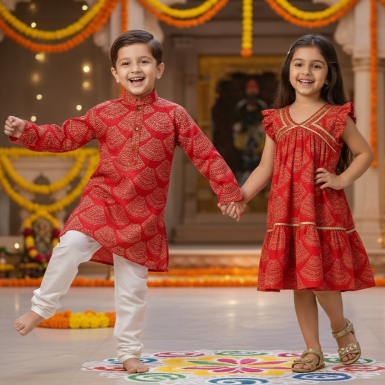 Red Bandhani Sibling Twinning Outfits| Pure Cotton