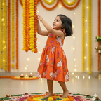 Orange  Pichwai  Girls Dress | Pure Cotton