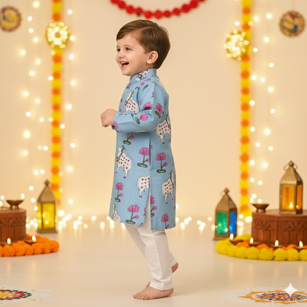 Blue Pichwai Kurta Pajama Set for Boys| Pure Cotton