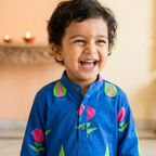 Royal Blue Painted Garden Kurta Pajama Set| Pure Cotton