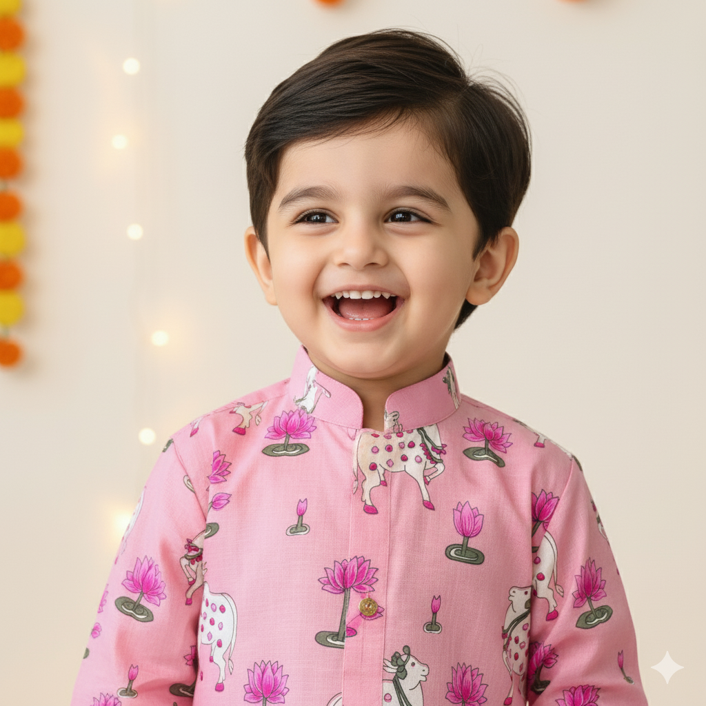 Pink Pichwai Kurta Pajama Set for Boys| Pure Cotton