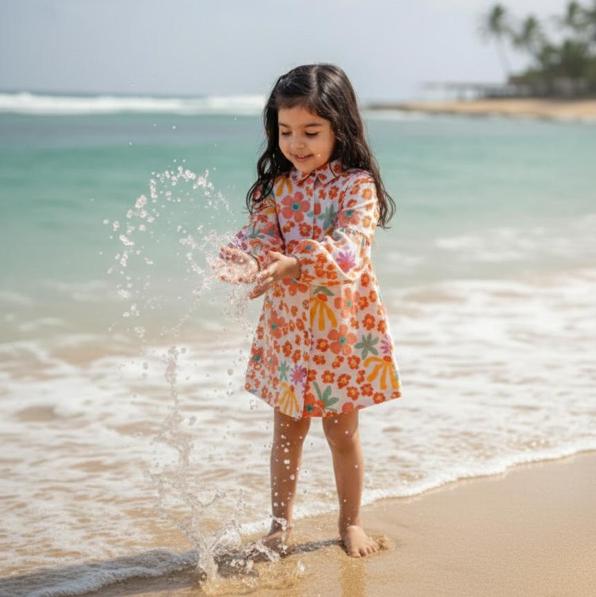 Orange Floral Dress for Girls | Pure Cotton
