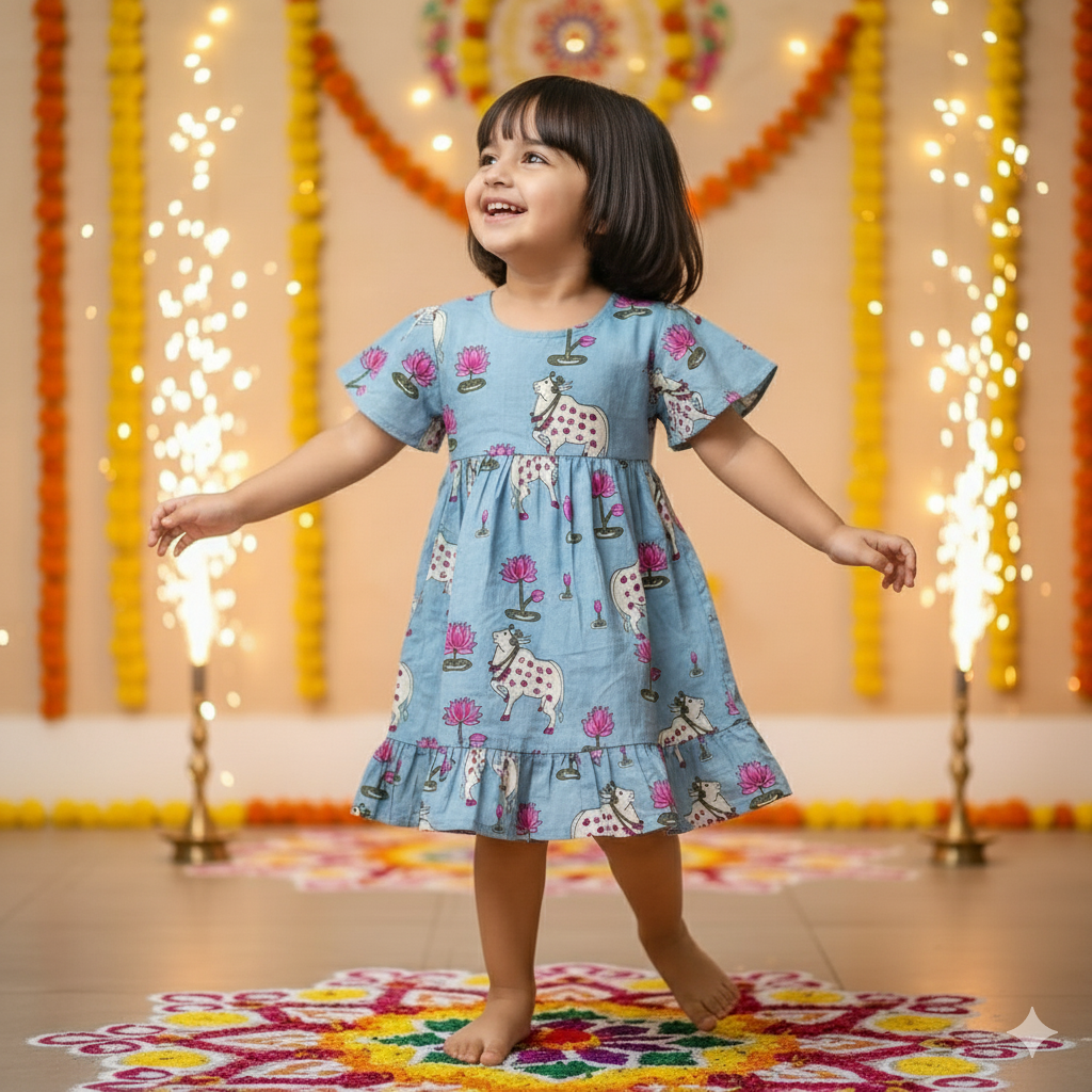 Blue Pichwai  Girls Dress | Pure Cotton
