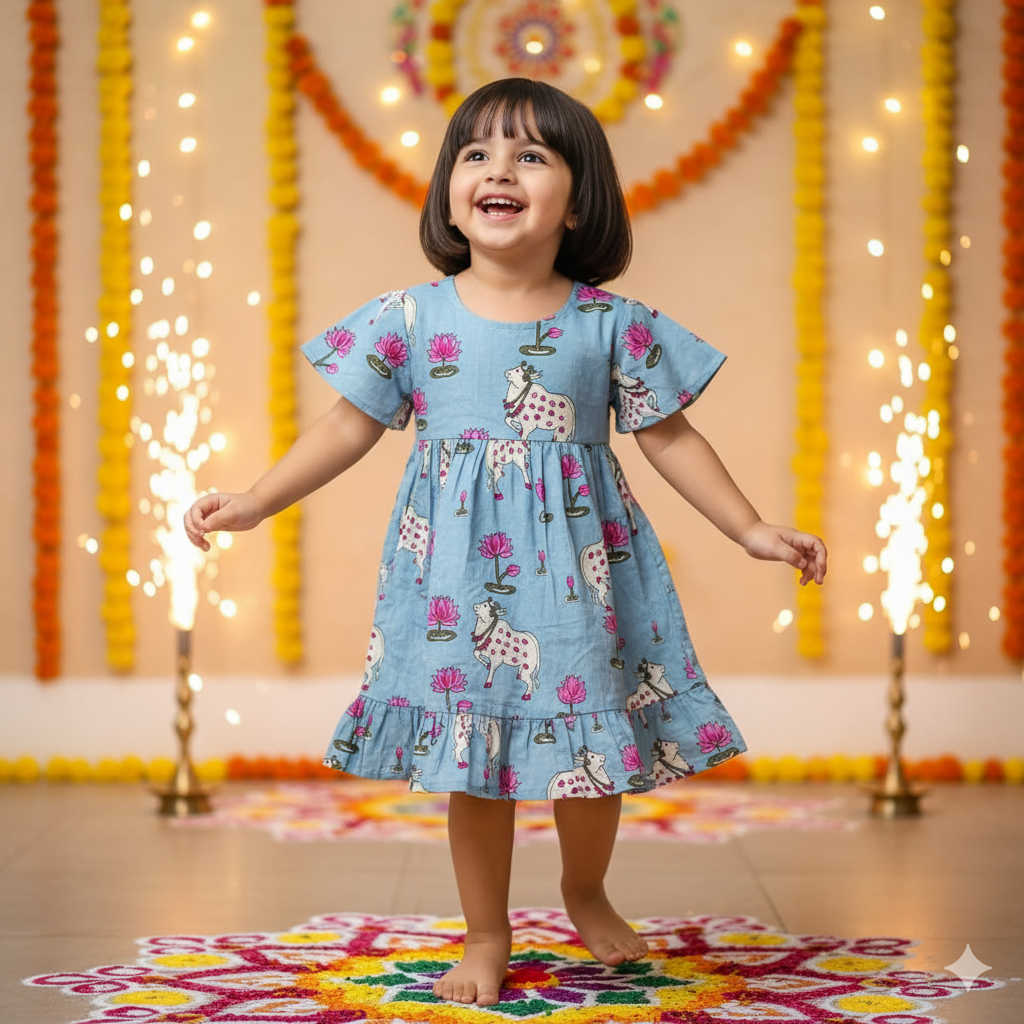 Blue Pichwai  Girls Dress | Pure Cotton