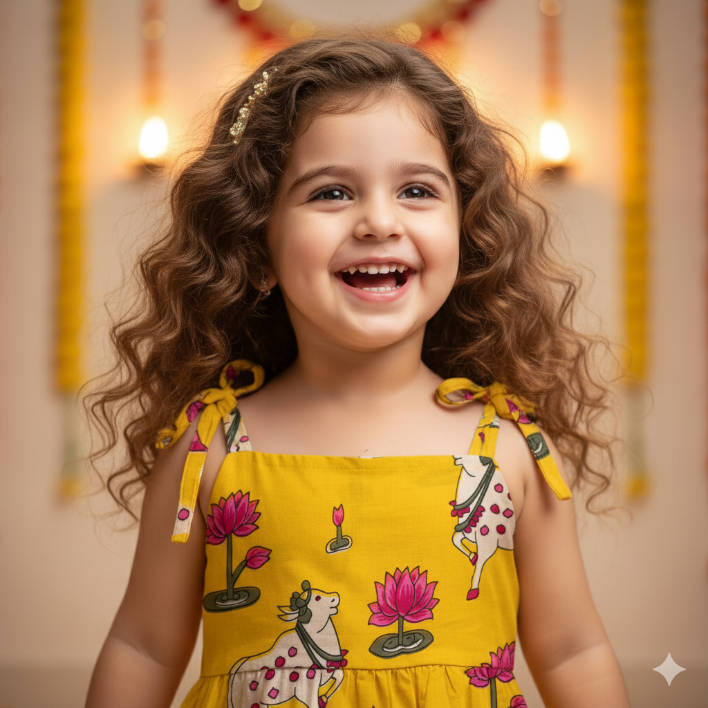 Yellow  Pichwai  Girls Dress | Pure Cotton