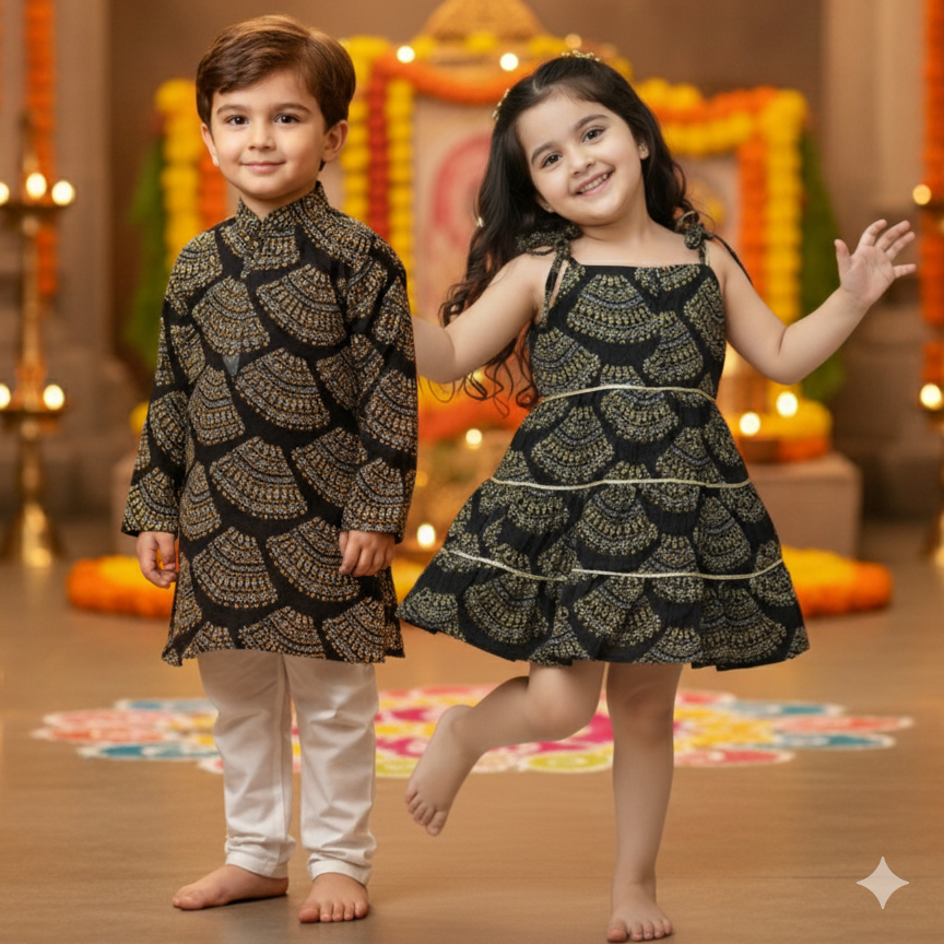 Black Bandhani Sibling Twinning Outfits| Pure Cotton