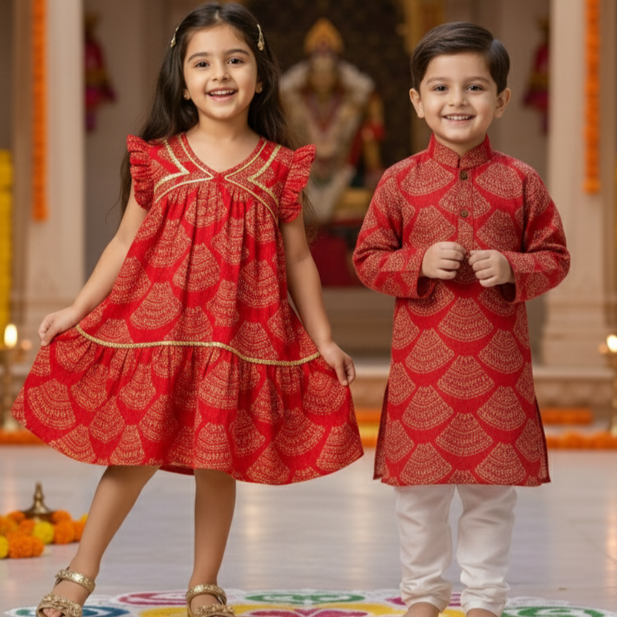 Red Bandhani Sibling Twinning Outfits| Pure Cotton