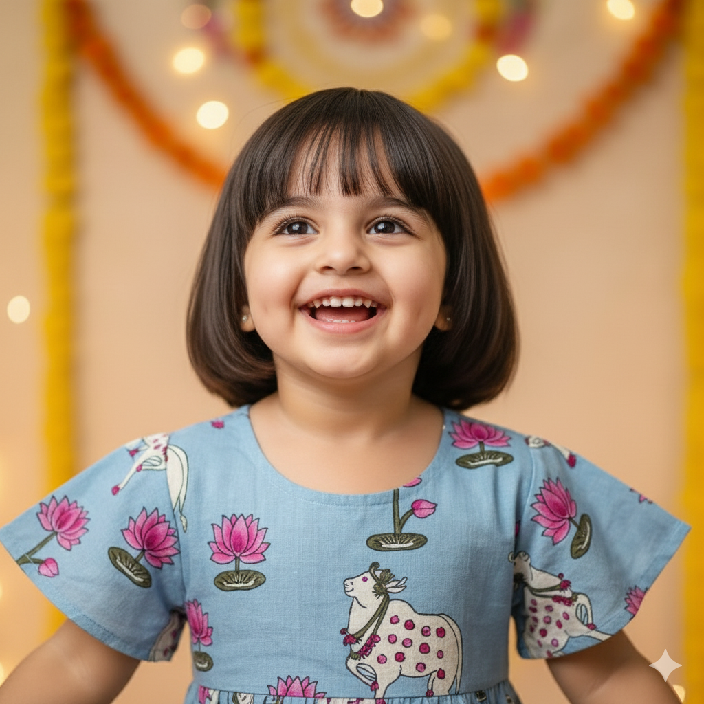 Blue Pichwai  Girls Dress | Pure Cotton