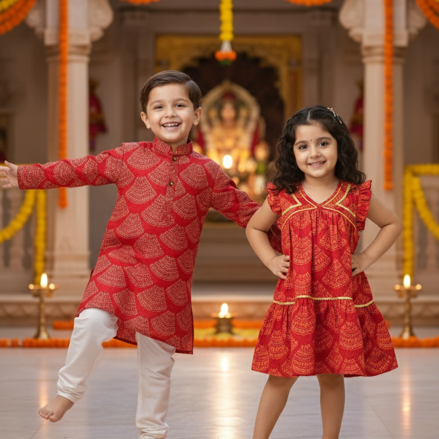 Red Bandhani Sibling Twinning Outfits| Pure Cotton