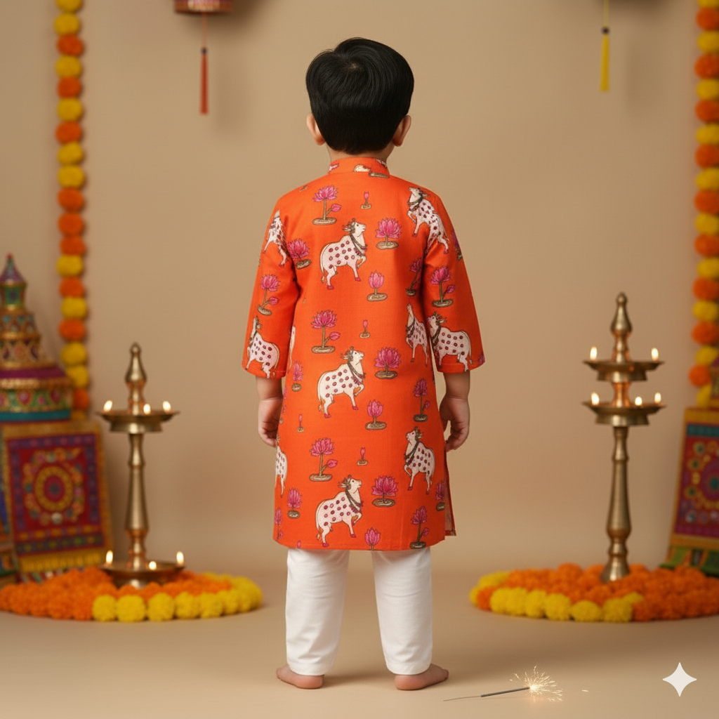 Orange Pichwai Kurta Pajama Set for Boys| Pure Cotton