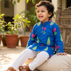 Royal Blue Painted Garden Kurta Pajama Set| Pure Cotton