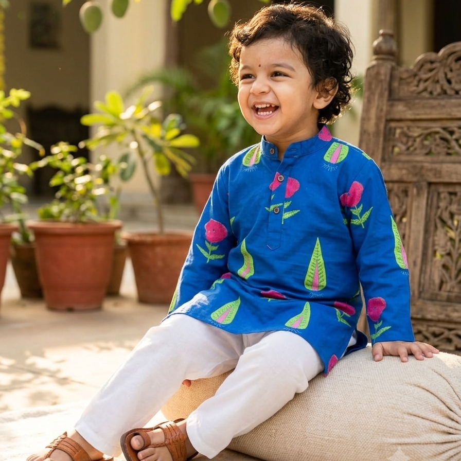 Royal Blue Painted Garden Kurta Pajama Set| Pure Cotton