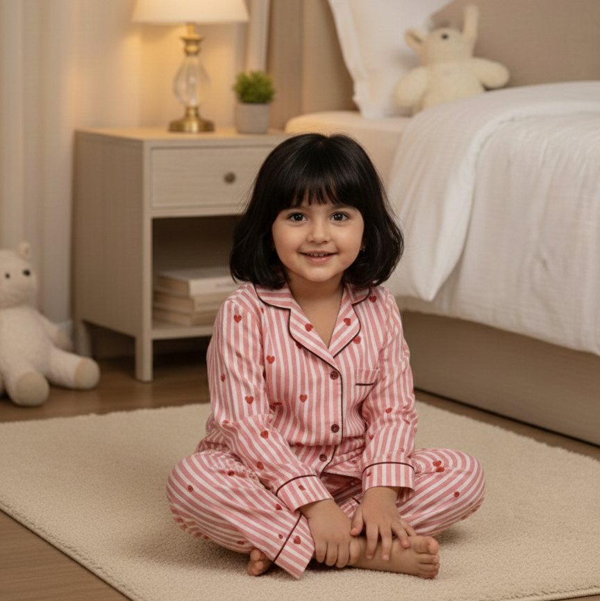 Pink Hearts | Kids Night suit Set |Pure Cotton