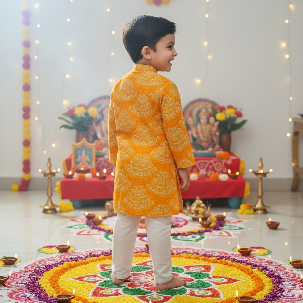 Yellow Bandhani Kurta Pajama Set for Boys| Pure Cotton