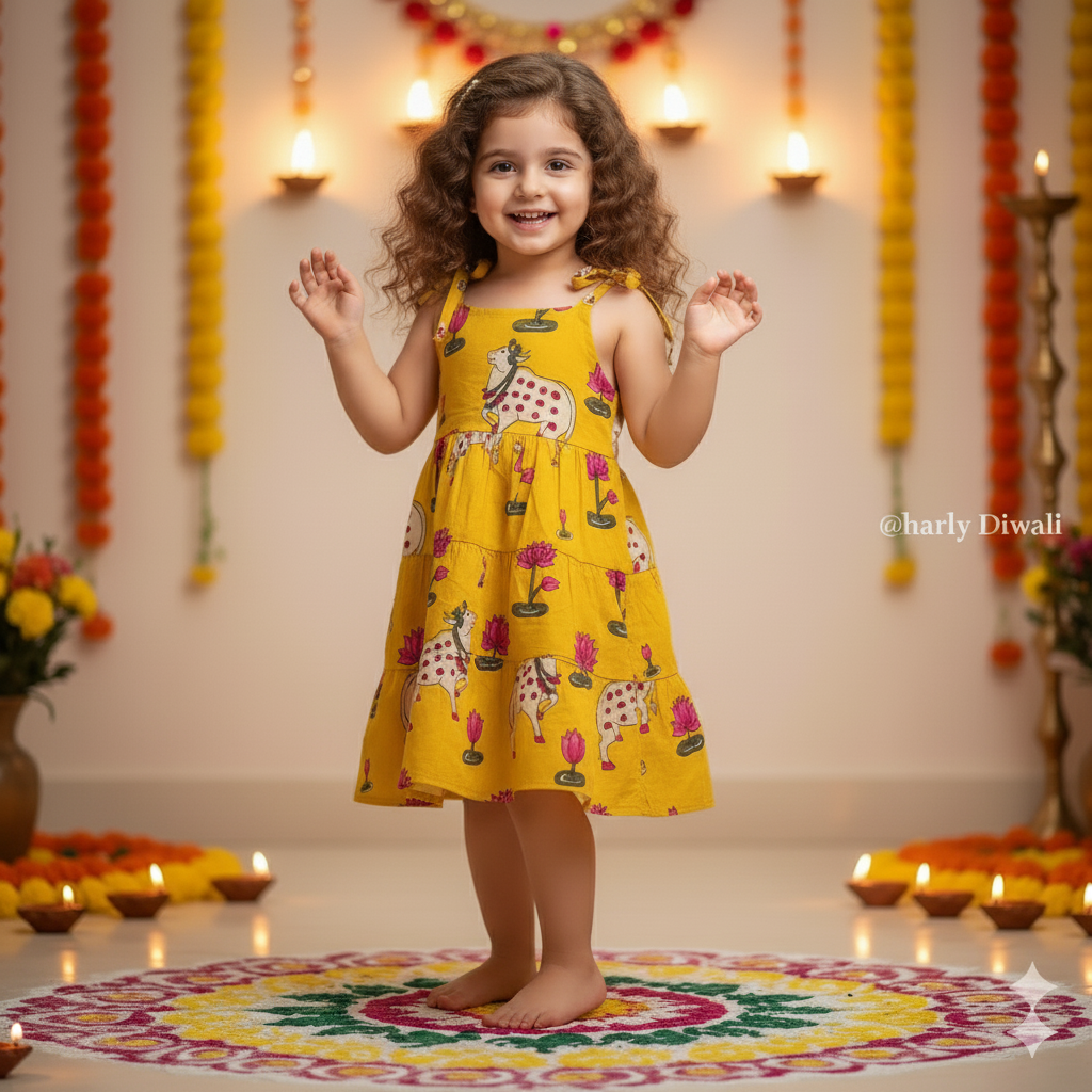 Yellow  Pichwai  Girls Dress | Pure Cotton