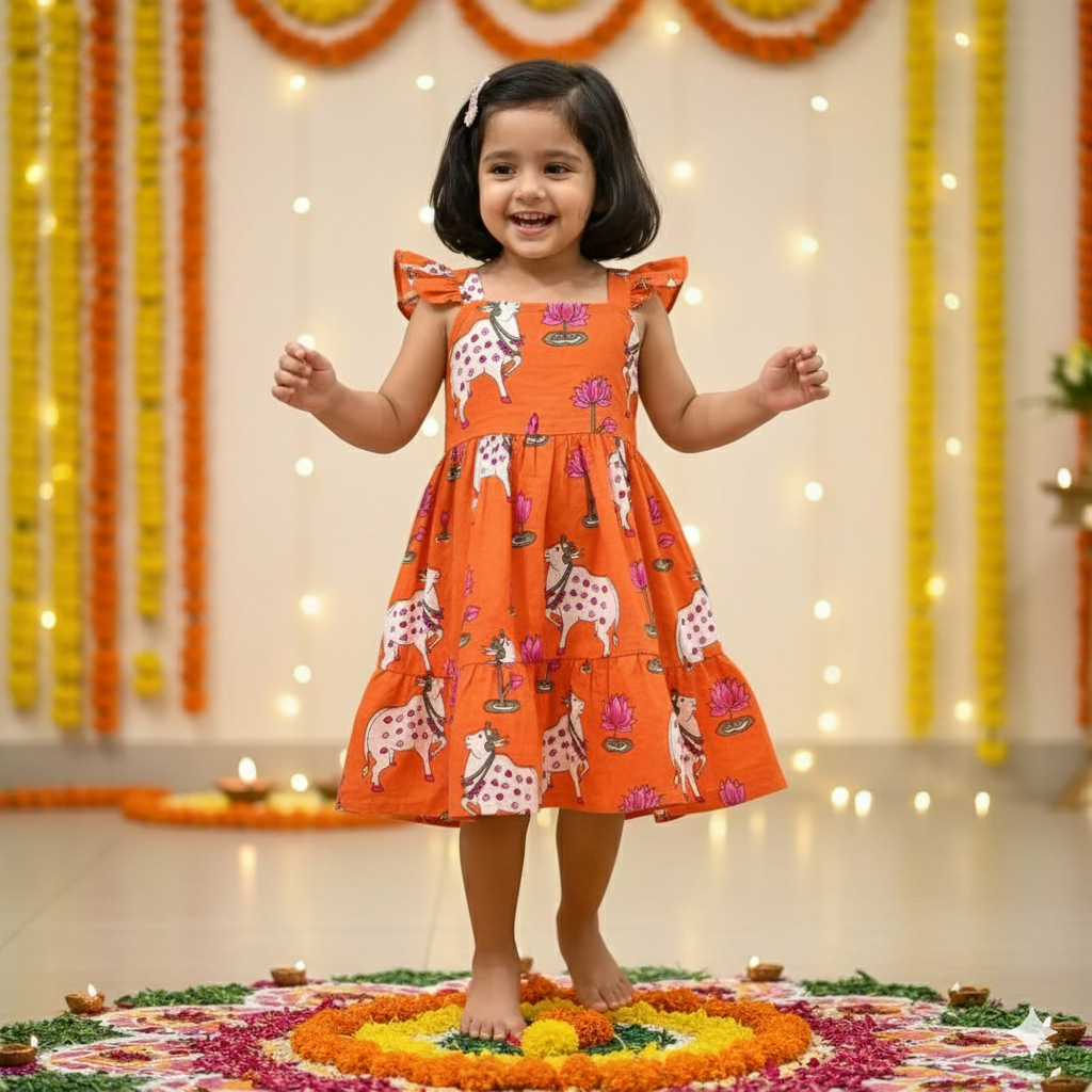 Orange Pichwai Sibling Twinning Outfits| Pure Cotton