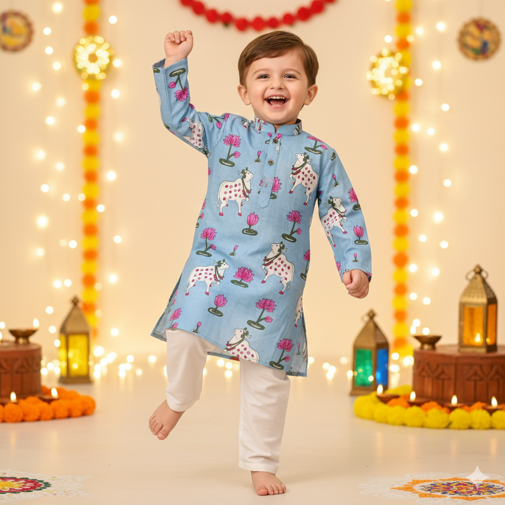 Blue Pichwai Kurta Pajama Set for Boys| Pure Cotton
