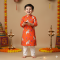 Orange Pichwai Kurta Pajama Set for Boys| Pure Cotton