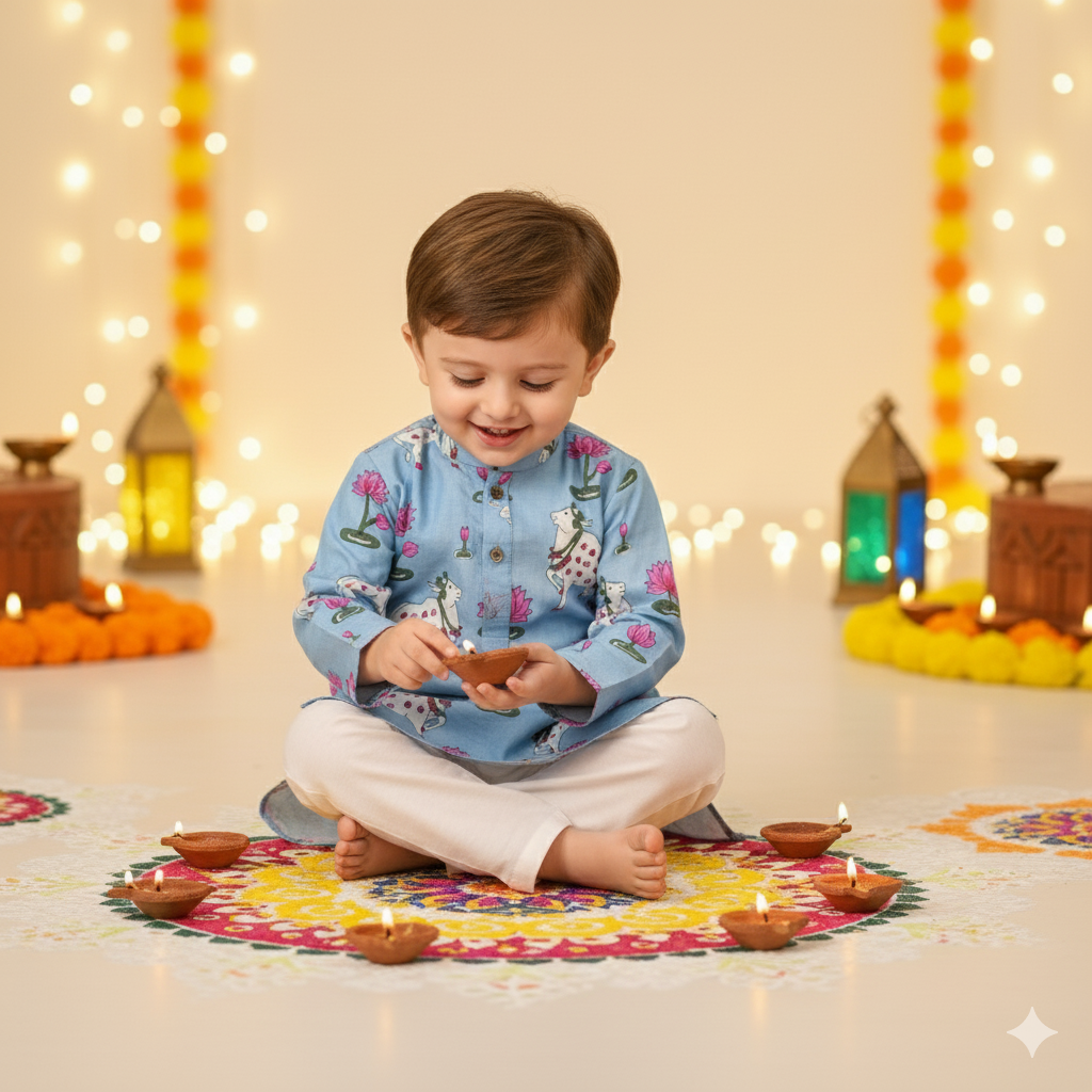 Blue Pichwai Kurta Pajama Set for Boys| Pure Cotton