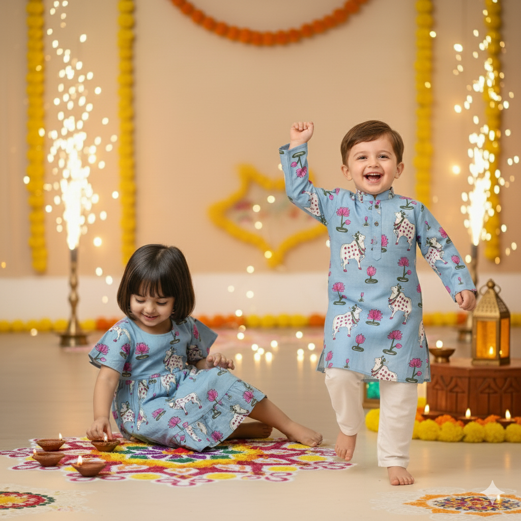 Blue  Pichwai Sibling Twinning Outfits| Pure Cotton