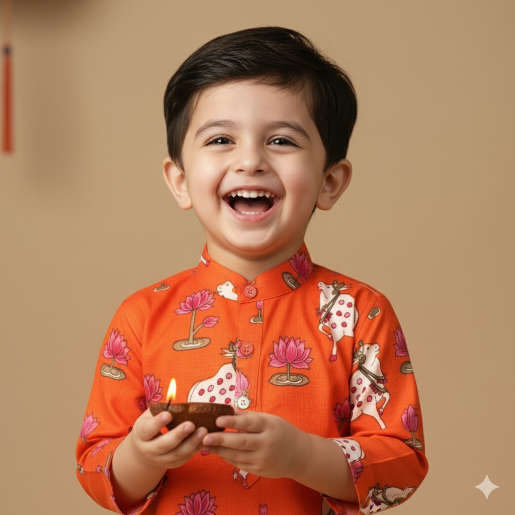 Orange Pichwai Kurta Pajama Set for Boys| Pure Cotton