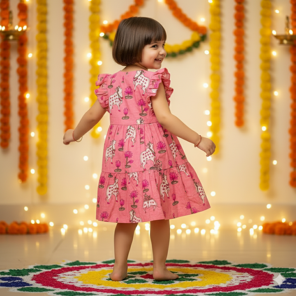 Pink Pichwai Girls Dress | Pure Cotton