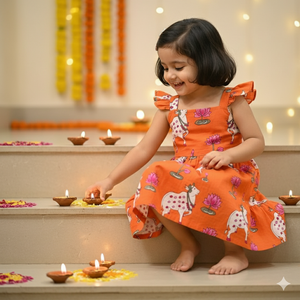 Orange  Pichwai  Girls Dress | Pure Cotton