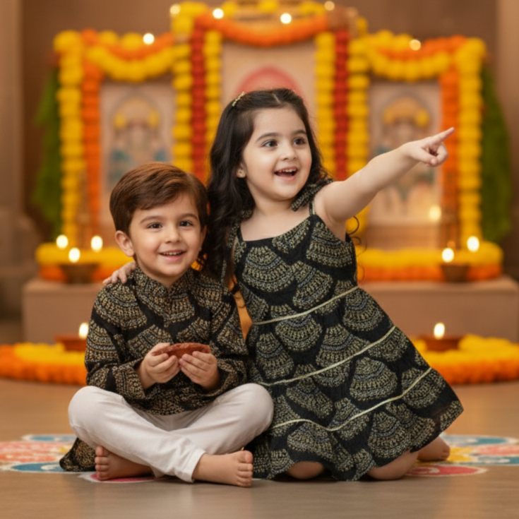 Black Bandhani Sibling Twinning Outfits| Pure Cotton